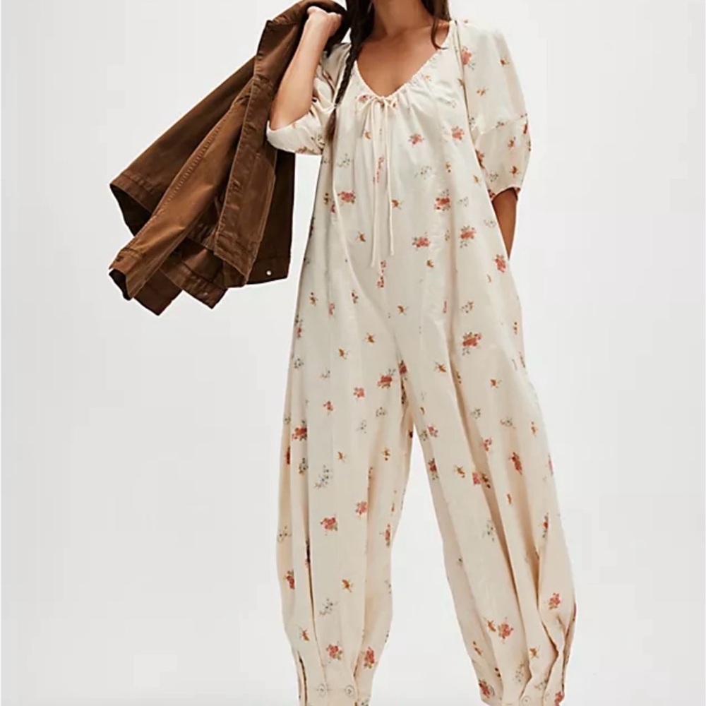 Free People Cream Floral Jumpsuit